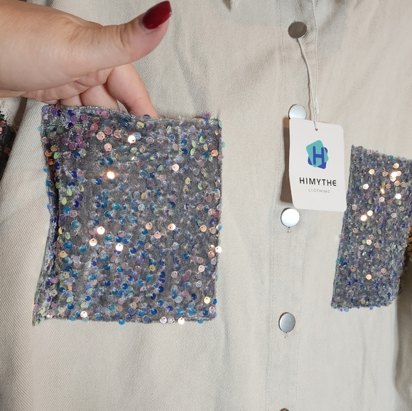 NWT HIMYTHE Beige Oversized Twill Denim Sequin Shacket Sparkle Large - Picture 11 of 17